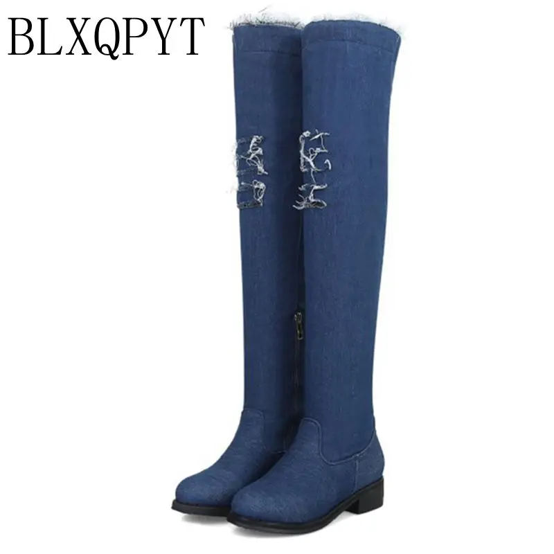 BLXQPYT/Новинка, размеры 32-48, сапоги до колена Женская осенне-зимняя обувь с высоким голенищем на молнии женские ботинки женская обувь на платформе и высоком каблуке, 9701 - Цвет: DRAK BLUE