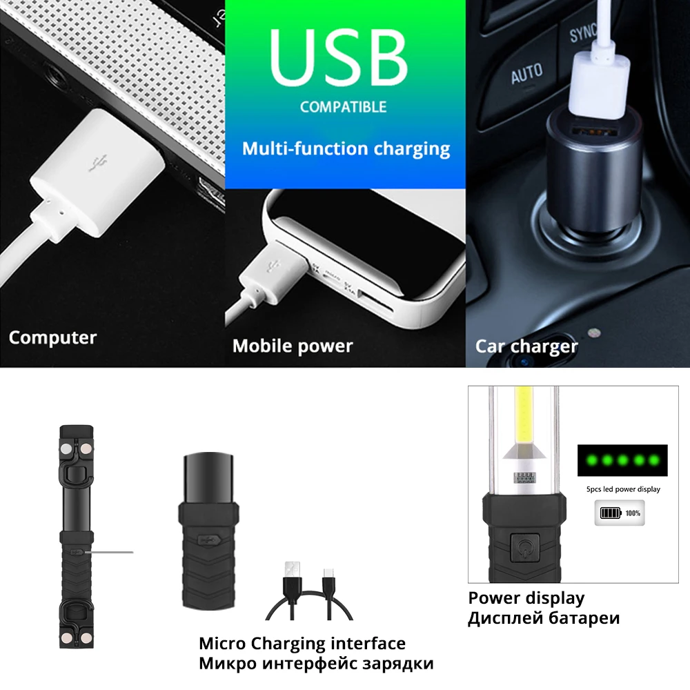 Светодиодный рабочий светильник COB с зарядкой от USB яркий фонарик мощным магнитом