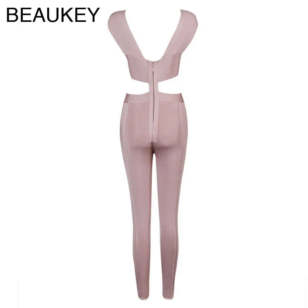 

BEAUKEY Black Khaki New Arrival Rayon Cross Cut Out High Waist Sexy Women Rompers Bandage Jumpsuits Hollow Out Party Bodysuit