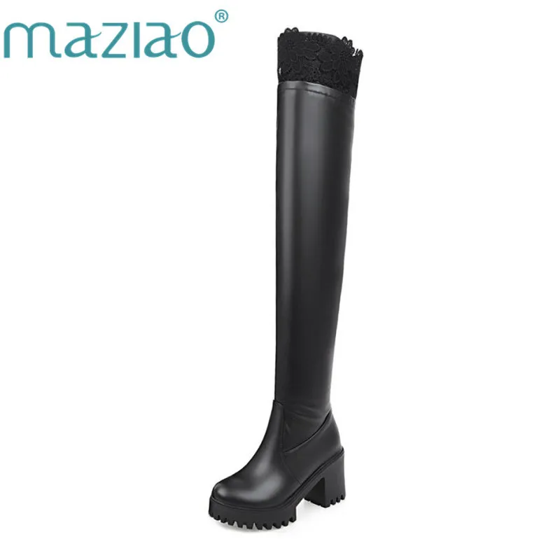 Женские сапоги без застежек MAZIAO черные до колена на платформе и высоком