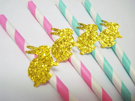 

custom Gold Glitter Cute Little Bunny paper Straws wedding Bridal Baby Shower birthday party Drink Stirrers / Decorative Straws