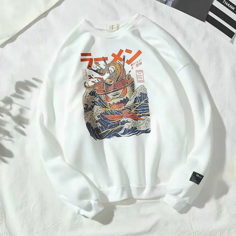 Японские забавные флисовые толстовки с капюшоном волнистым принтом Мужская