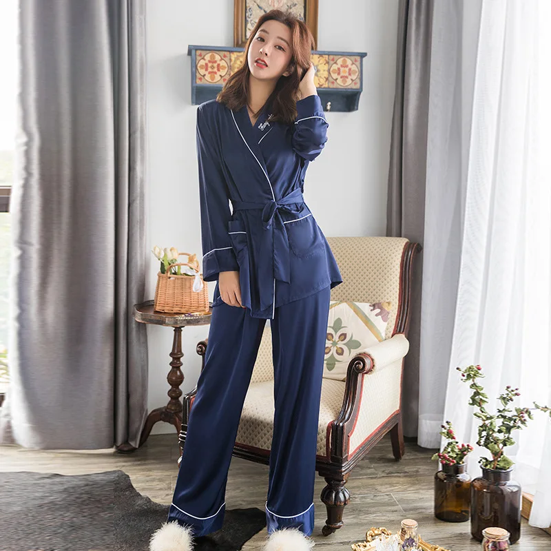 Японские пижамы для женщин Ice Silk Satin Домашняя одежда весна осень однотонная Пижама комплект Женский Пижамный костюм с длинным рукавом 2 шт. MA50132