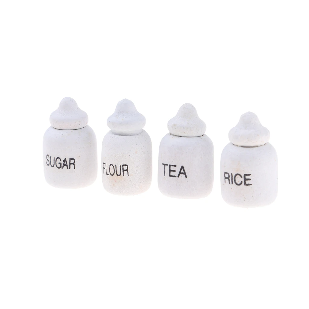 

4 Pieces Cute Miniature White Wooden Condiment Storage Jars Bottles For 1/12 Dollhouse Kitchen Room Life Scene Decor
