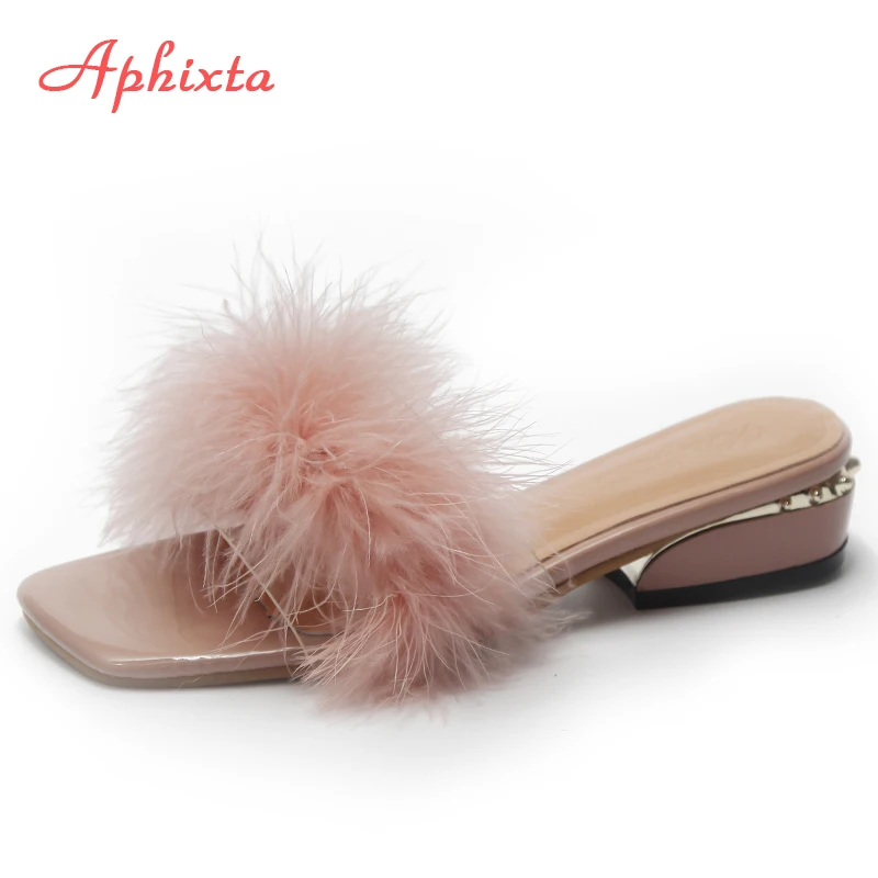 

Aphixta 100% Ostrich Feather Slippers Women Shoes Fur Square Heel Ladies Flip Flops Mujer Wedges Indoor Slides Plus Size 34-44