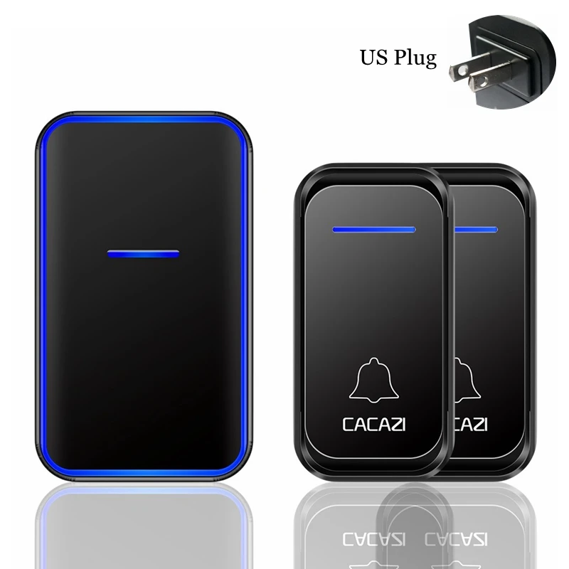 black 2x1 US CACAZI, беспроводной дверной звонок, водонепроницаемый, 300 м, пульт дистанционного управления, 1, 2 кнопки, 1, 2 приемника, США, ЕС, Великобритания, вилка, умный дом, добро пожаловать, звонок на дверь - Цвет: black 2x1 US