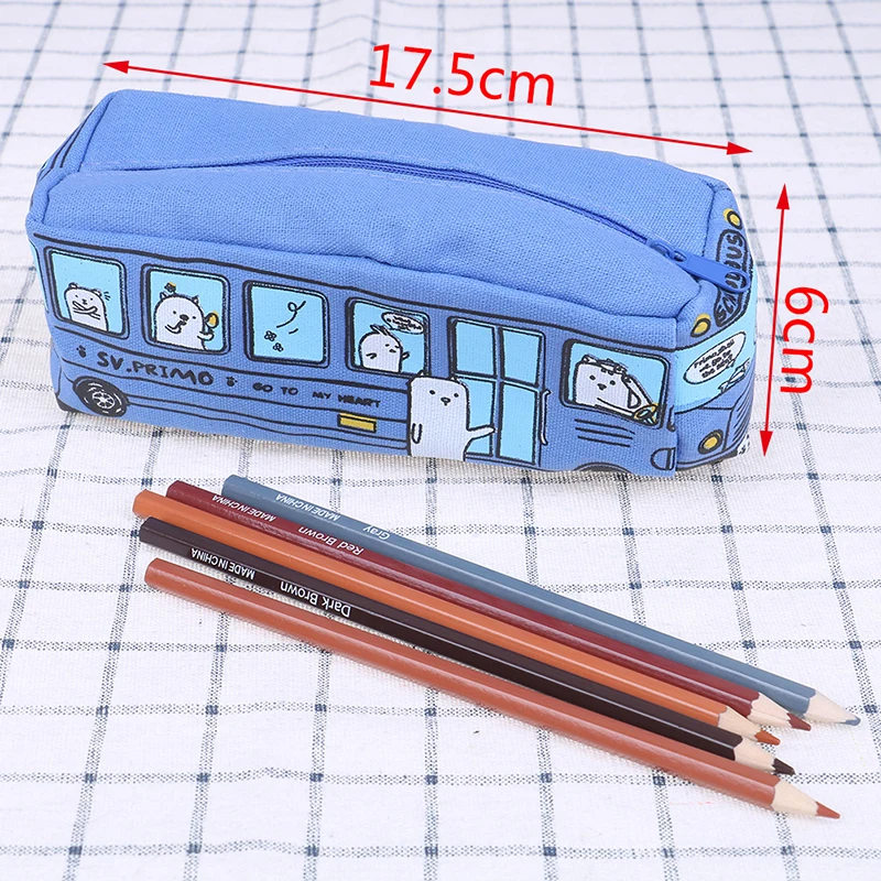 Коробка для карандашей с креативным дизайном "Милый школьный автобус", изготовленная из холста, подарок для детей, школьные принадлежности - 1 шт.