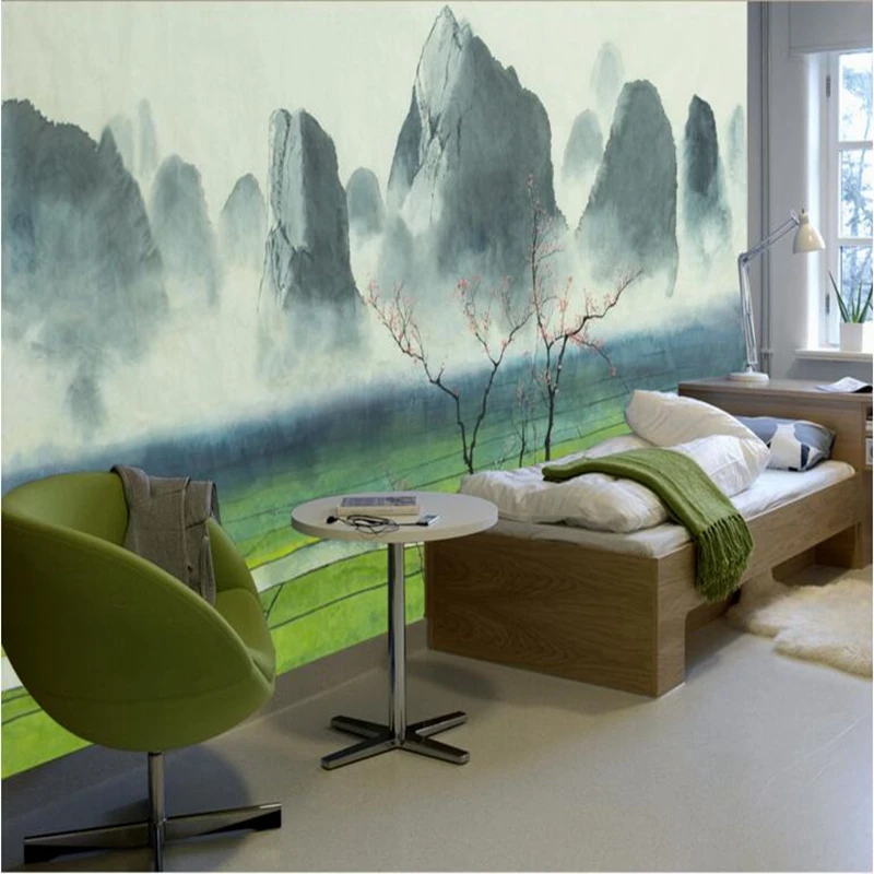 Interior Wallpaper Ink Paddy Field Foggy Mountain for Living Room Wall Dining Art Decoration Home Decor | Обустройство дома