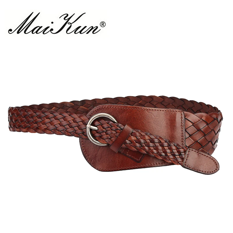 MaiKun Wide Belts for Women Cowskin Braided Leather Belts Luxury Brand Women Belt for Dress
