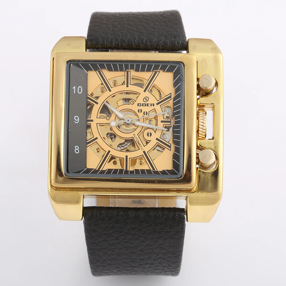 Часы скелетоны Мужские механические брендовые автоматические золотистые