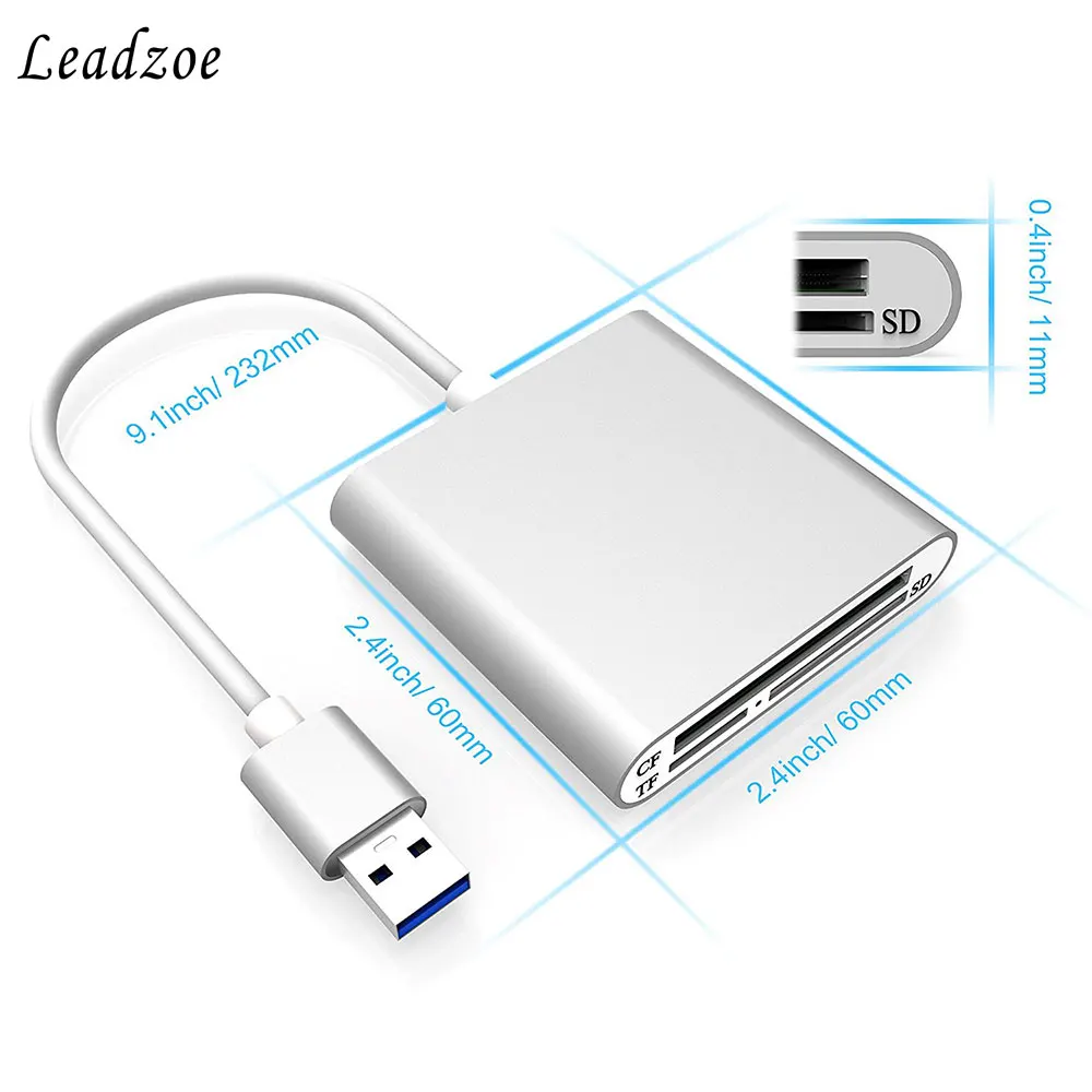Leadzoe Алюминий USB 3,0 Портативный кард-ридер с 3 отделениями флэш-памяти кард-ридер для CF/SD/TF/микро SD/MD/MMC/SDHC/SDXC флэш-карты