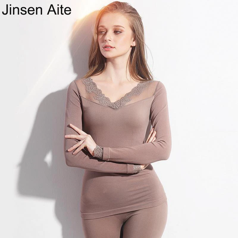 

Женское кружевное термобелье Jinsen Aite, тонкое, с V-образным вырезом, для осени и зимы, длинные кальсоны, JS699