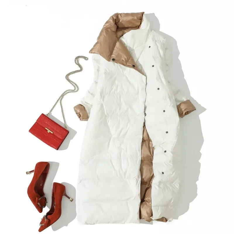 White Khaki Two Side Wear Autumn Winter 90% White Duck Down Coat Women Light Down Long jacket Women warm Parkas A124 - Цвет: White Khaki