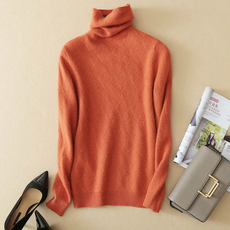 Pure Cashmere Sweater Autumn Winter High Quality Geometry Pattern Turtleneck Soft Skin Friendly Casual Sweaters Pulls | Женская одежда