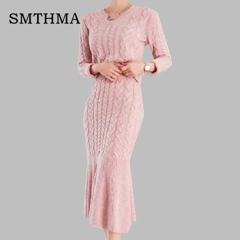 Photo Color Женский повседневный костюм с юбкой SMTHMA, розовый свитер с V-образным вырезом и юбка-годе с оборками и высокой талией, женский комплект-двойка, осень-зима - Цвет: Photo Color