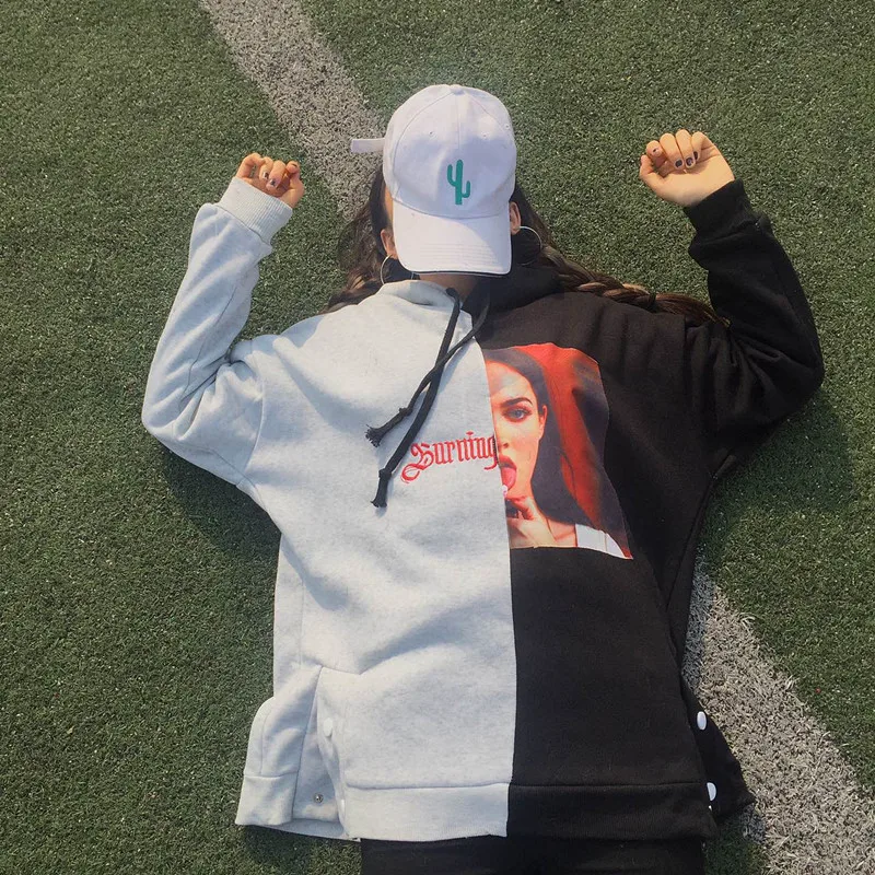 Женские зимние свободные краситель матч печати вышивка с капюшоном BF Harajuku плюс