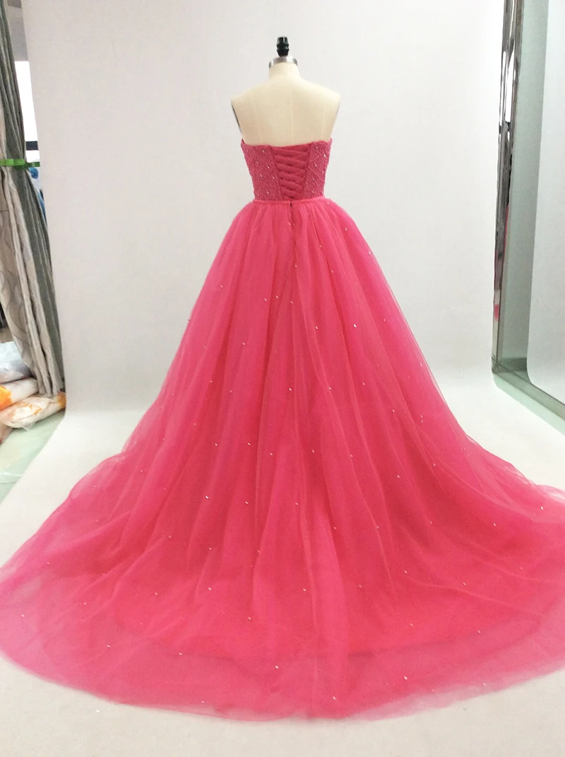Розовое длинное бальное платье Quinceanera 2018 с бусинами и кристаллами пышное для