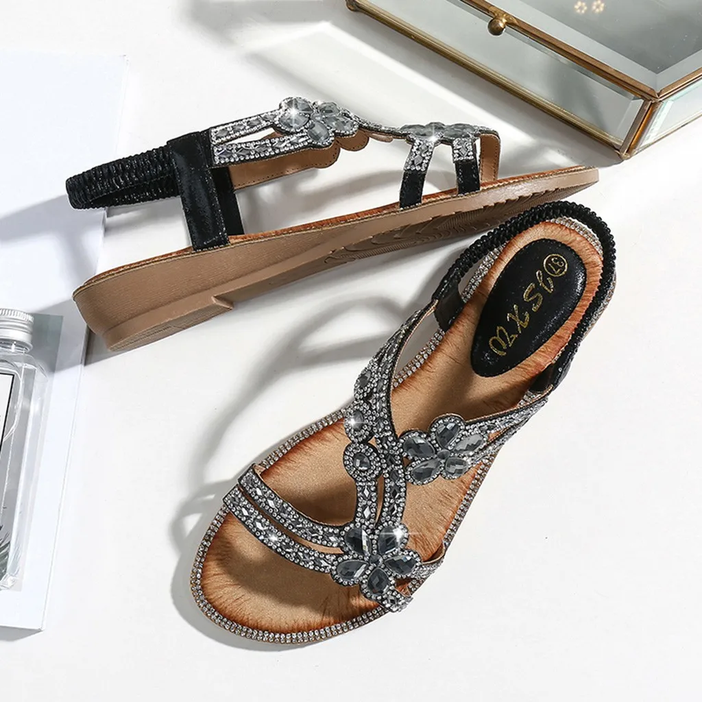 Бренд KLV; коллекция года; богемные летние женские туфли; zapatos De Mujer; Шикарный цветок; стразы; плоский сандалии пляж; повседневная обувь; Sandalias Mujer