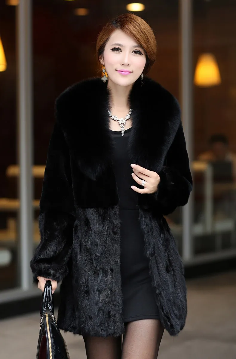 with Fur Collar Зима размера Плюс xxxl 4xl 5XL 6XL женское искусственное пальто из искусственного меха с капюшоном черные Лоскутные Шубы из искусственного кроличьего меха - Цвет: with Fur Collar