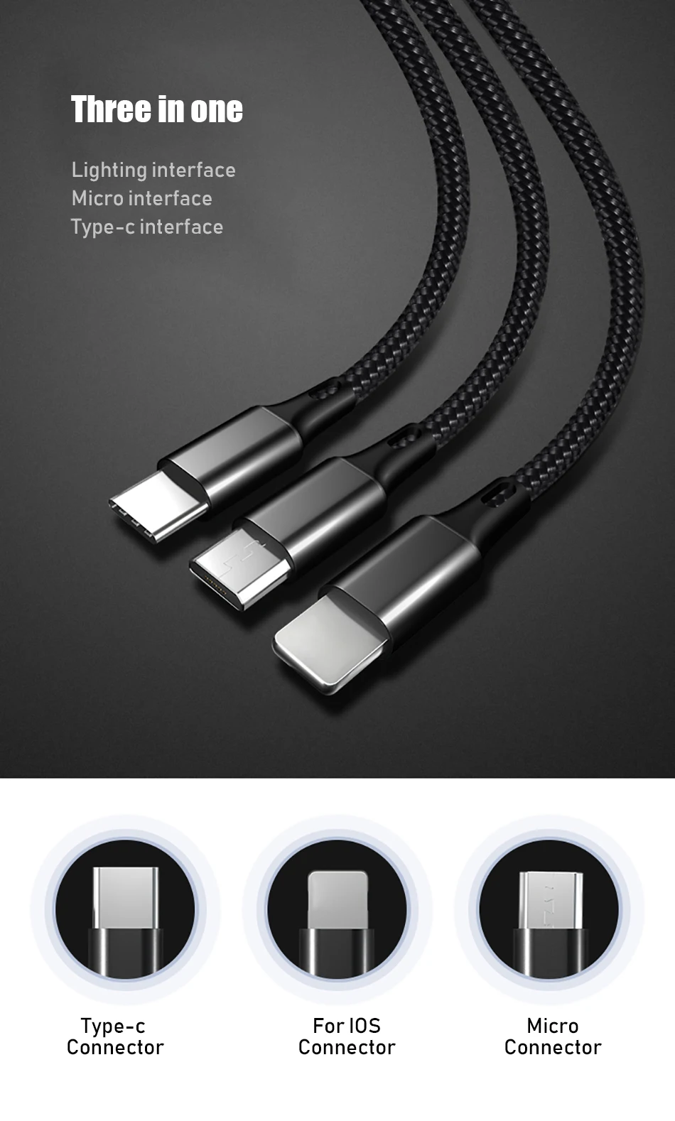 3 в 1 USB кабель для iPhone XS Max X 7 2.4A Быстрая зарядка зарядное устройство type-C Micro USB кабель для samsung S10 мобильный телефон USB C шнур