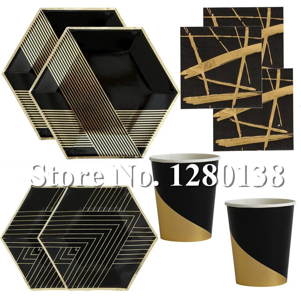 

Black&Gold Foil Paper Plates Dinner Napkins Disposable Cups First Birthday Decor Baby Shower Wedding Tableware Supplies