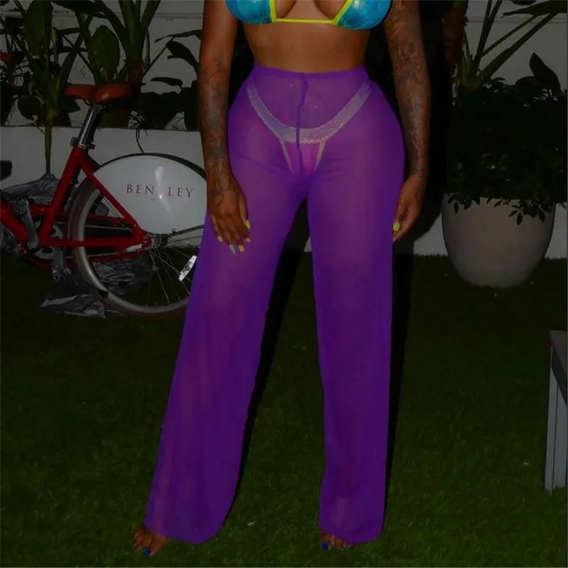 Сексуальные однотонные женские пляжные прозрачные сетчатые брюки с оборками и