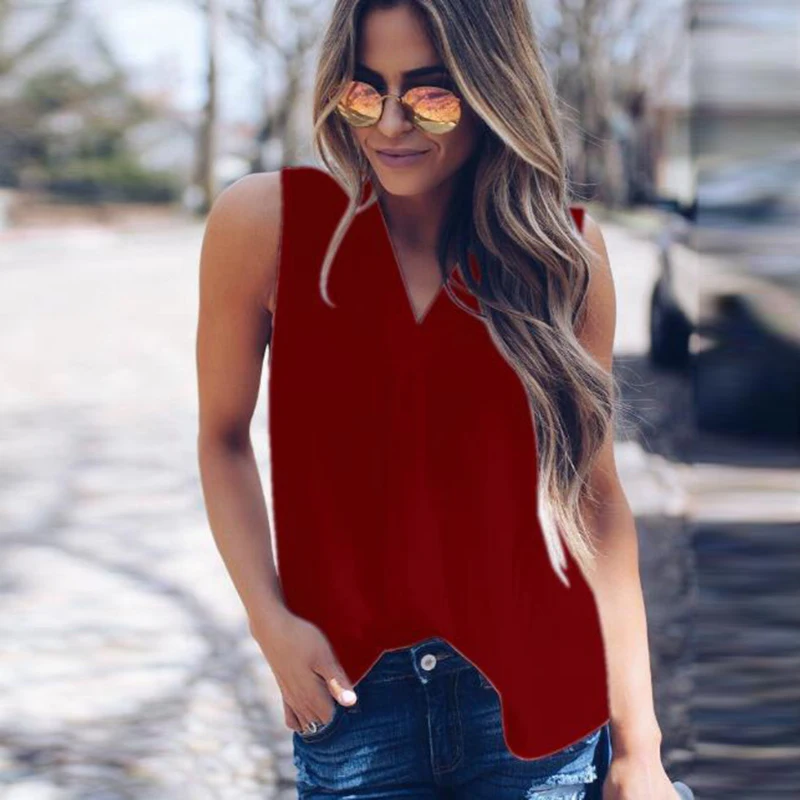 Women Casual Sleeveless Chiffon Shirt 2019 New Solid V-Neck Blouses Summer Top Female Shirts Vest |