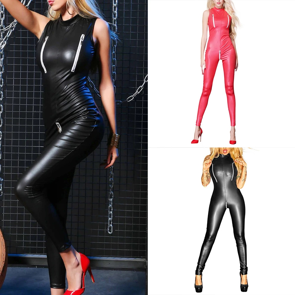 Sexy Faux Leather Zipper Open Crotch Locomotive Bodysuit Porno Club Lingerie Body Stocking Plus Size Nightclub Female Harajuku |