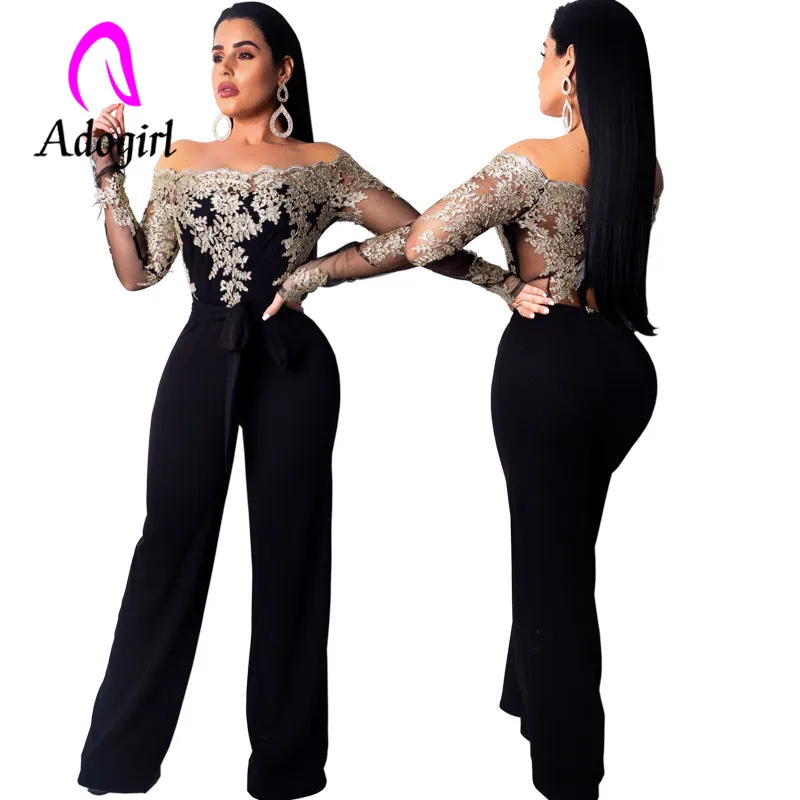 Adogirl golden embroidery jumpsuits wide leg long sleeve slash neck Water soluble lace jumpsuit floral suit | Женская одежда