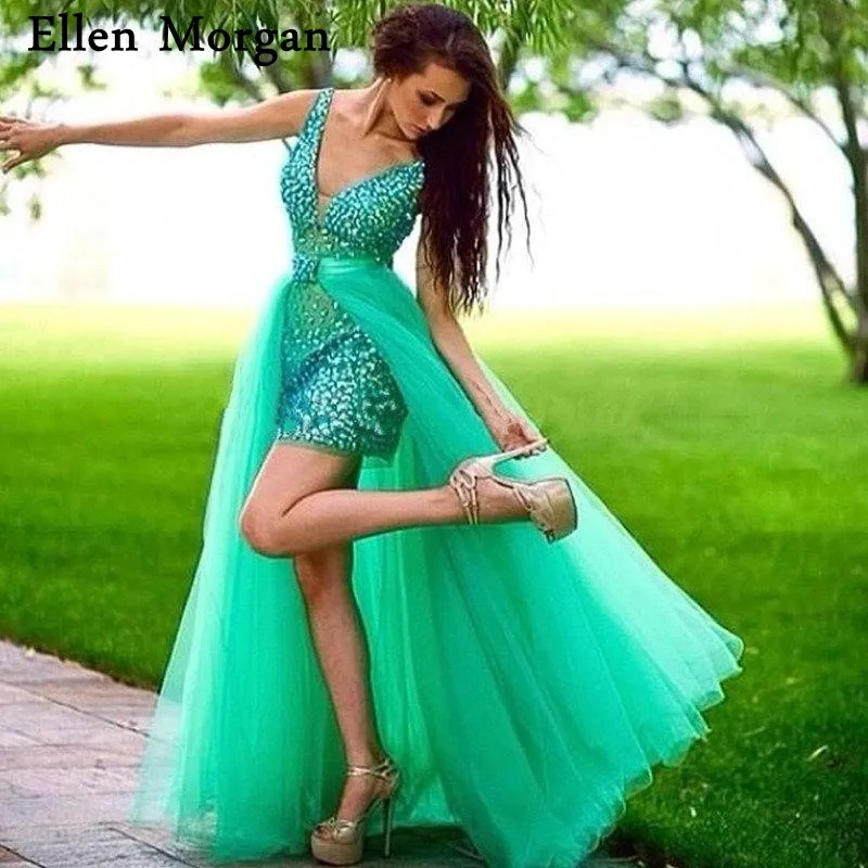 Съемные зеленые платья для выпускного вечера для женщин vestido de festa сексуальные платья с v-образным вырезом и прозрачным тюлем для подиума Модные Вечерние Платья