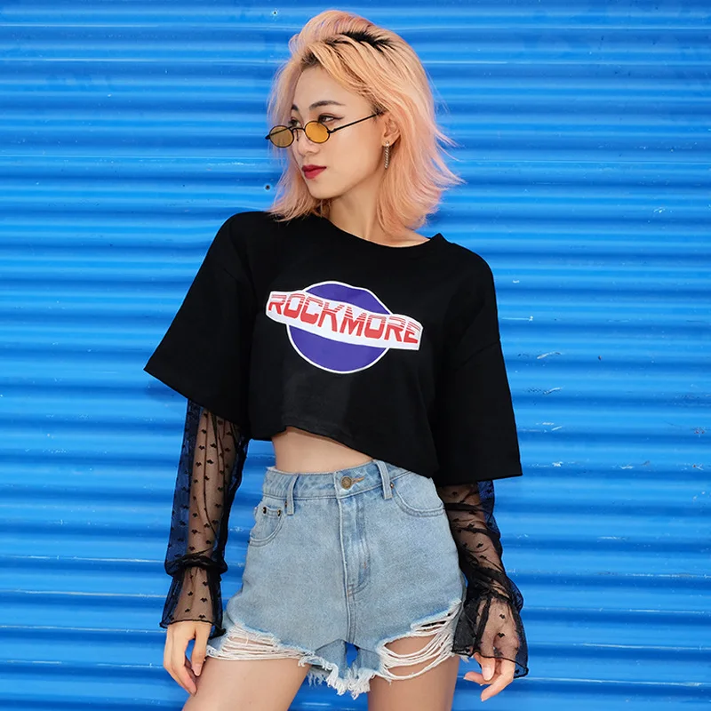 Сетчатая Лоскутная Женская футболка с длинными рукавами рубашка корейского