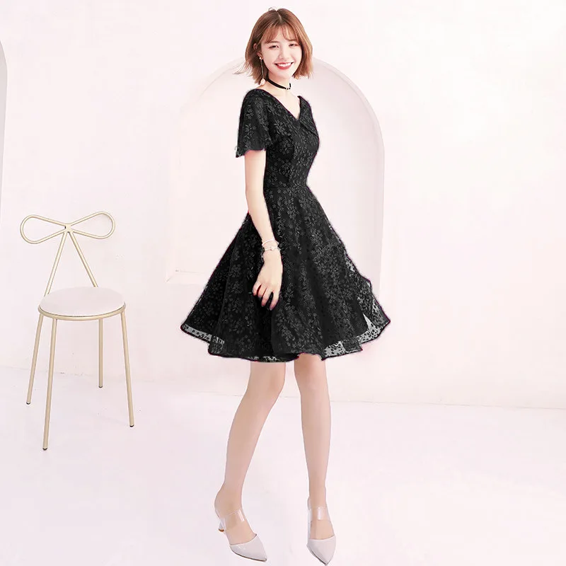 black short Синее коктейльное платье, элегантное кружевное черное, серебряное, с цветами, вечерние платья с v-образным вырезом, с коротким рукавом, ТРАПЕЦИЕВИДНОЕ, с молнией сзади, официальное вечернее платье E371 - Цвет: black short