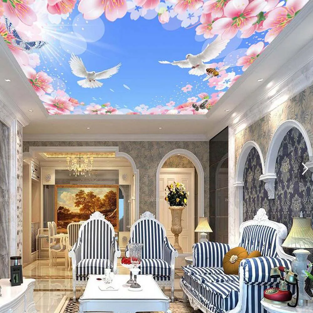 

Фотообои для потолка в виде голубей с цветами персика, 3d обои для комнаты, роспись для гостиной, гостиной, настенное художественное украшени...