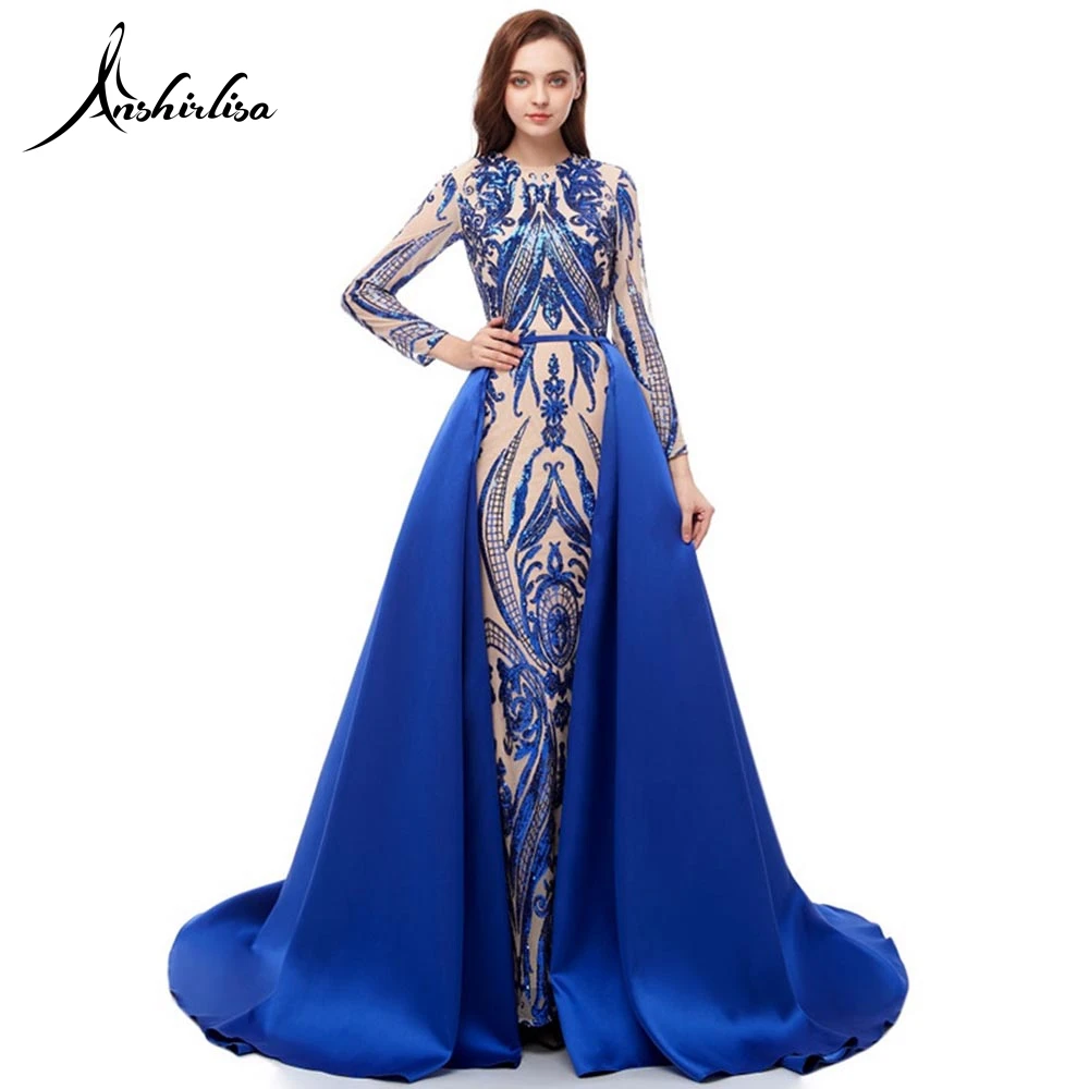 Royal Blue Anshirlisa/женское мусульманское вечернее платье Русалочки с длинным рукавом со съемным шлейфом, арабское вечернее платье с блестками, атласное платье для выпускного вечера - Цвет: Royal Blue