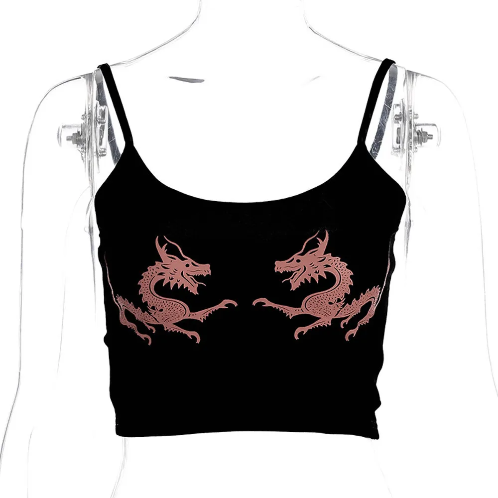 

Womens Sexy crop Tops Vest Camisole Cotton Sleeveless T-Shirt singlet women dragon Print tank top camisoles Vest Cropped Tops