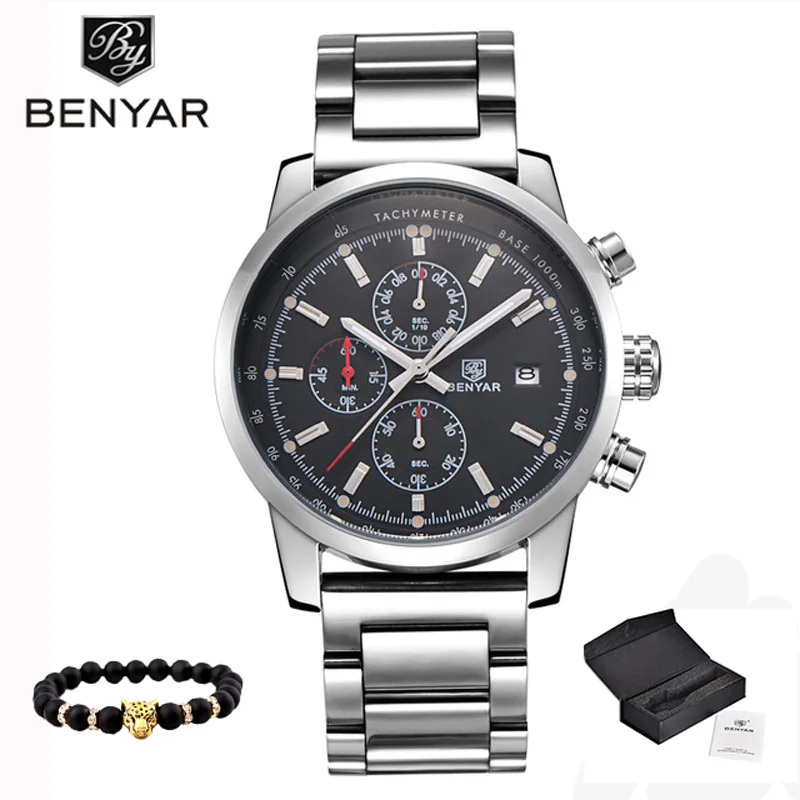 Silver-Black S BENYAR мужские повседневные модные часы мужские спортивные часы роскошные кожаные водонепроницаемые противоударные кварцевые часы черные простые мужские часы - Цвет: Silver-Black S