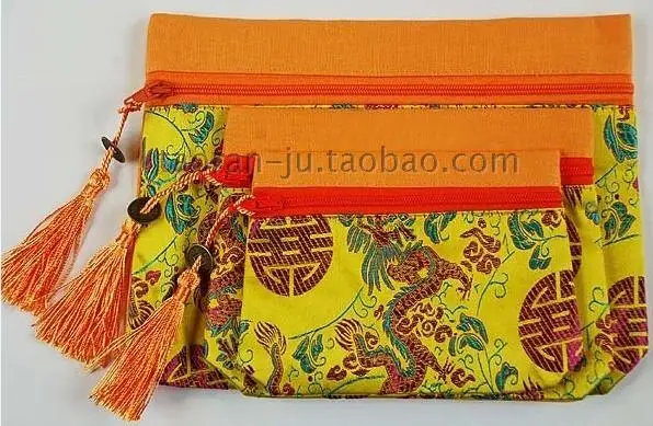 Silk Brocade Large Zipper 3 Sets Bag Travel Jewelry Cosmetic Storage Pouch Tassel Coin Purse Cloth Craft Packaging Makeup Wallet | Украшения