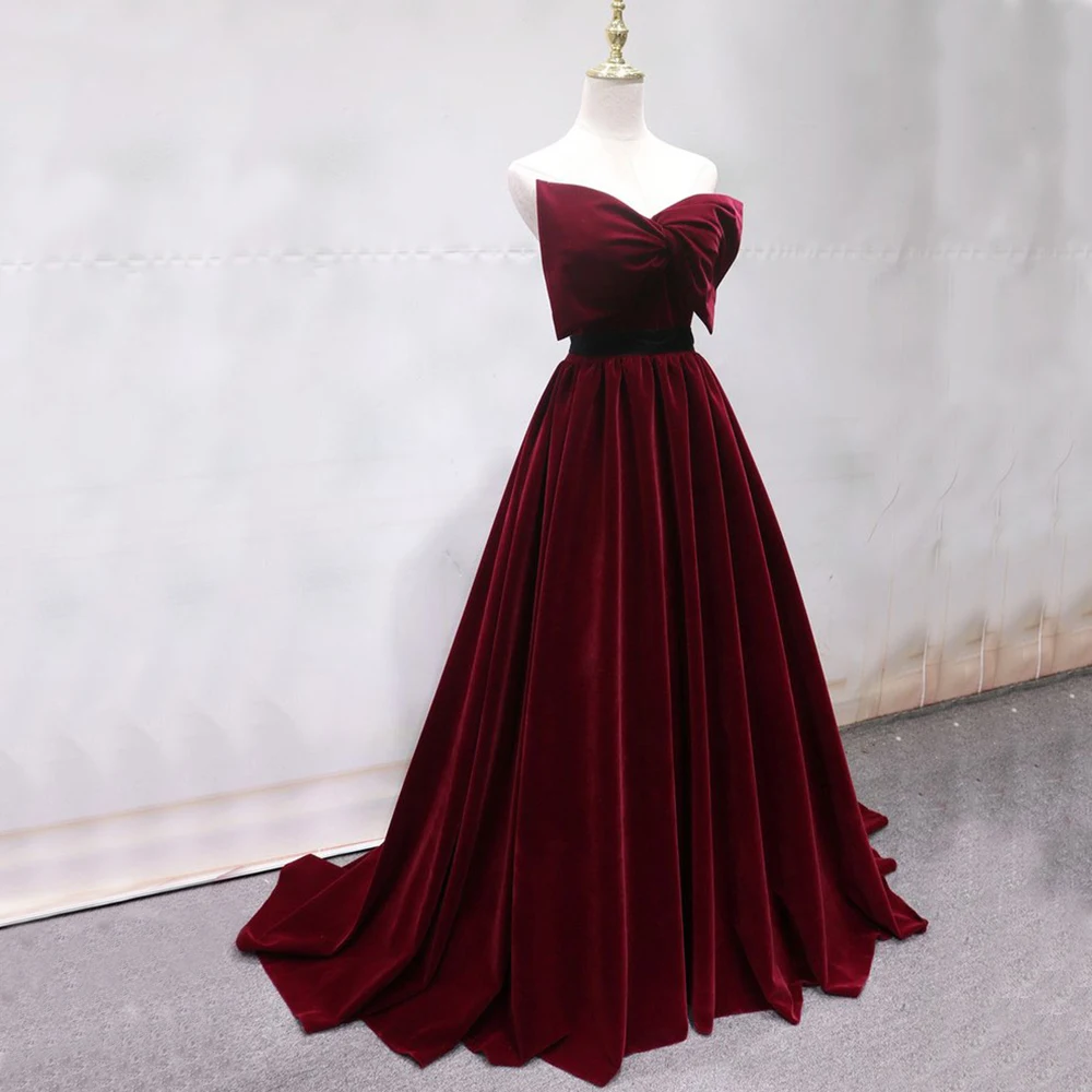 Gardenwed Burgundy Velvet Evening Dress Long 2019 Special Big Bow A Line Formal Woman Gown Dresses