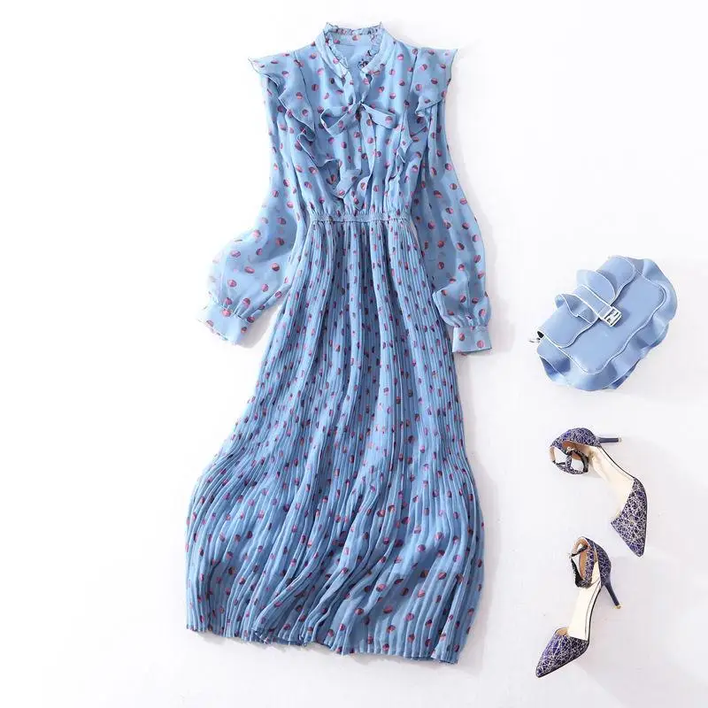 

Polka Dot Print Chiffon Dress Ruffles Retro Women Dresses Spring Autumn 2020 Long Sleeve Pleated Casual Slim Dress Vestidos D157