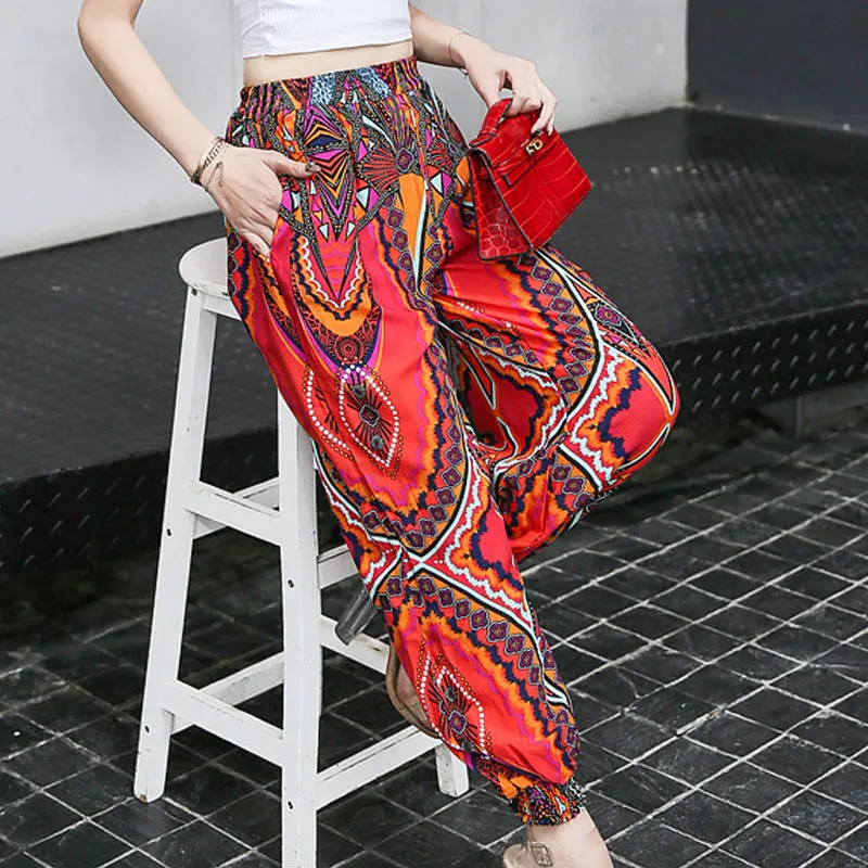 2017 Старинные Печати Чешские Летние Женские Брюки Свободные Шаровары Эластичный