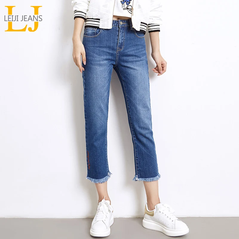 2019 LEIJIJEANS Новое поступление весна размера плюс вышивка кисточка отбеленные