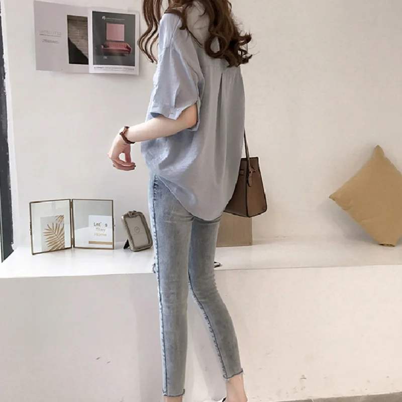 

2019 Striped Ties Pockets Shirts Sweet Women Blouse Shirt Summer Half Sleeve V-Neck Slim Thin Ladies Tops