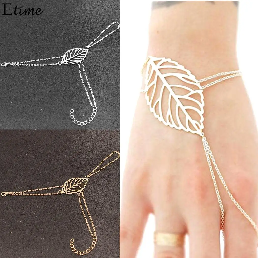 Браслет женский многослойный золотой с цепочкой в форме листьев|Цепочки и