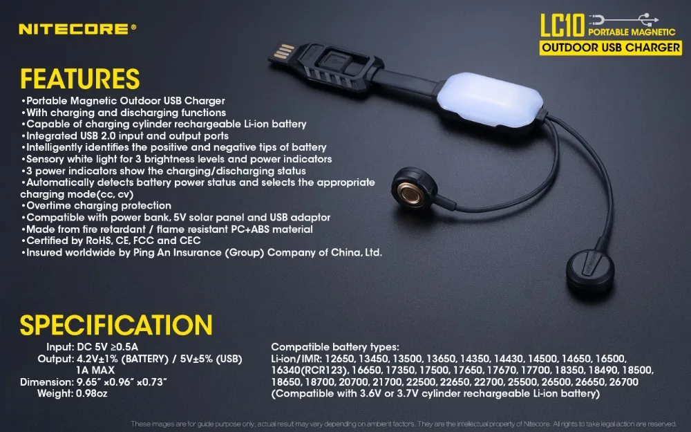 1 шт. Лучшая цена NITECORE LC10 портативное магнитное USB зарядное устройство для 1A MAX DC 5 В цилиндрическая литий-ионная аккумуляторная батарея с датчиком l