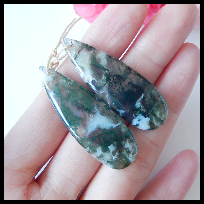Natural Moss Agate Stone Woman fashion Earring bead sets Semiprecious stones charms jewelry 45x15x6mm 11.7g | Украшения и