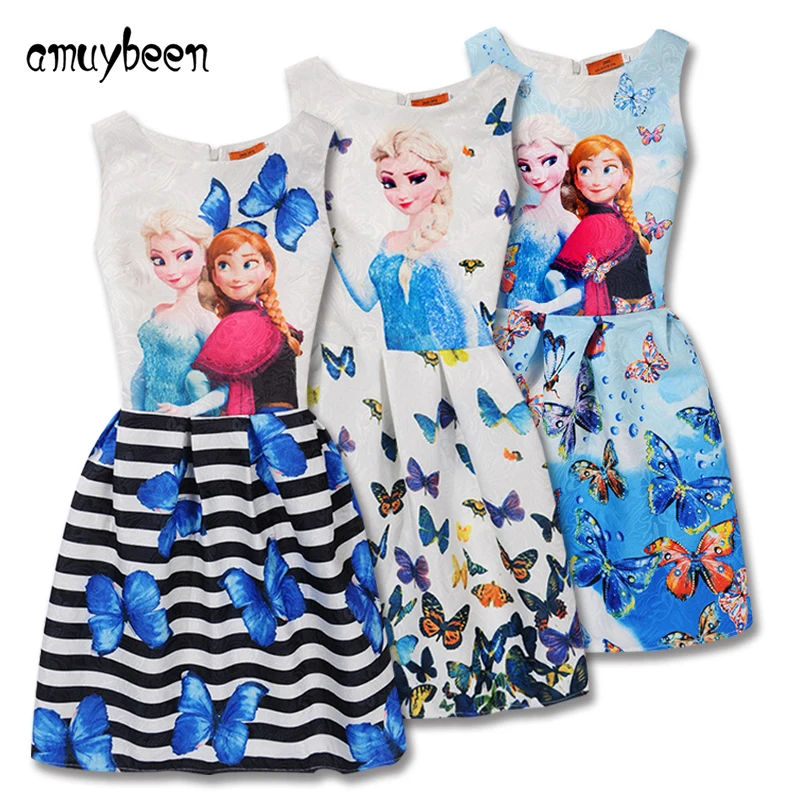 Amuybeen Girls Dress Summer 2019 Butterfly Print Anna Elsa Princess for Casual Costume 10 11 Years Teenager Clothes | Детская одежда и