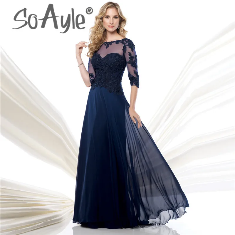 SoAyle 2017 Шифон-Линии с ручной бисером кружевные Аппликации три четверти Рукава Scoop