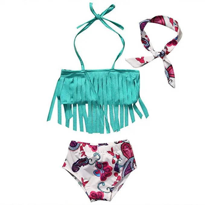 

Kids Girls Baby Swimsuit Blue Tassel Vest Floral Cute Swimwear Tassel Set Bow Shorts Headband Swimming Bathing Suit Costumes