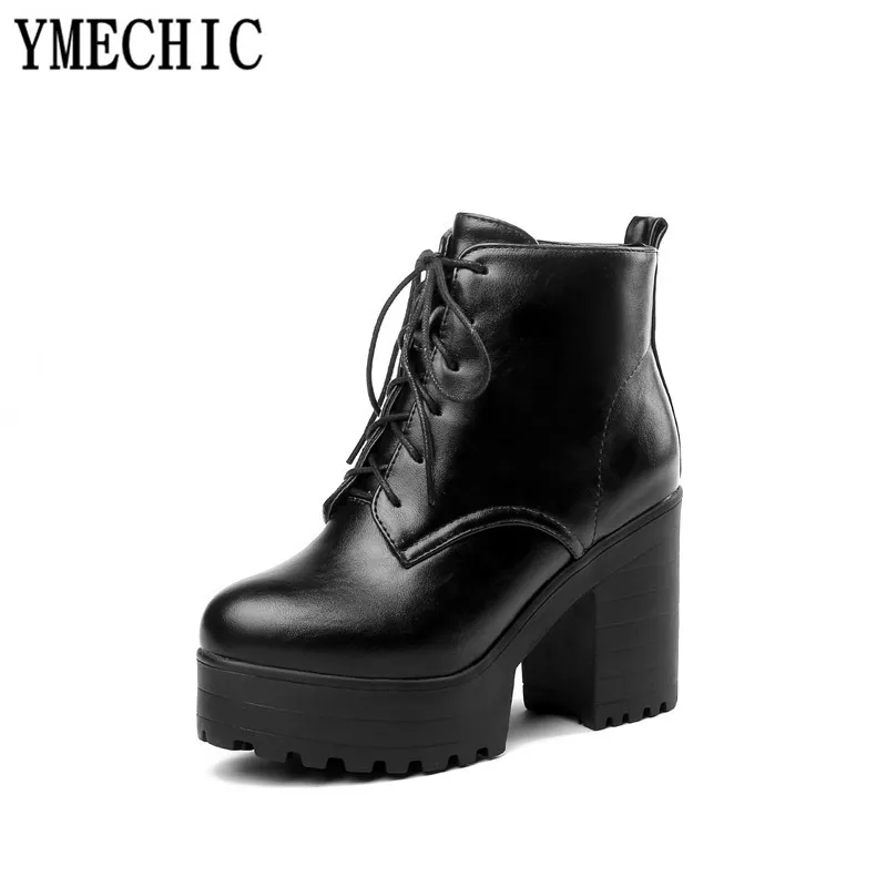 YMECHIC/Коллекция года; зимняя женская обувь на высоком массивном каблуке в стиле панк; Цвет черный, бежевый, коричневый; ботильоны в готическом стиле на платформе со шнуровкой