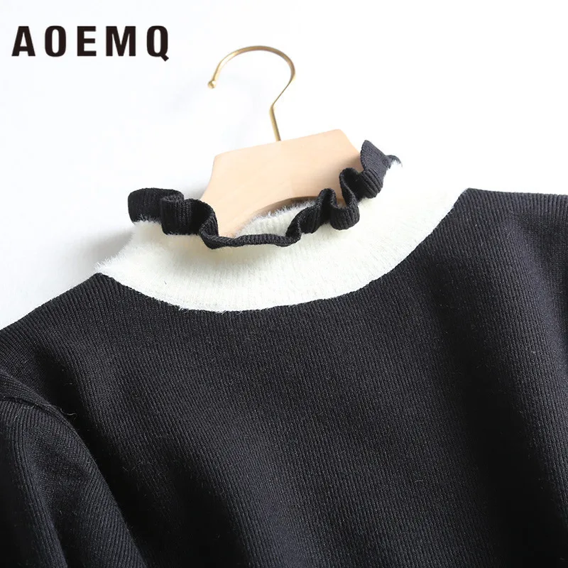 AOEMQ Mesh Lace Stitching Contrast Color Retro Loose Wood Ear Half-high Collar Middle Long Bottom Knit Sweater Dress | Женская одежда